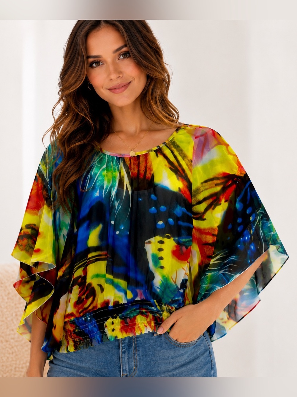 Madison Michelle Abstract Chiffon Blouse Size Small Sheer Overlay Top